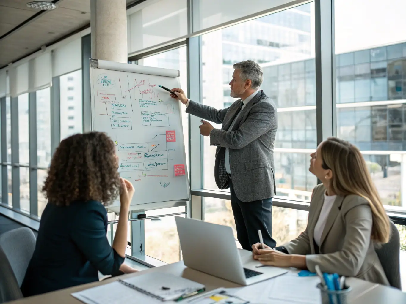 An image of a business coach conducting a strategic planning session with a client in a modern office setting, emphasizing collaboration and forward-thinking.