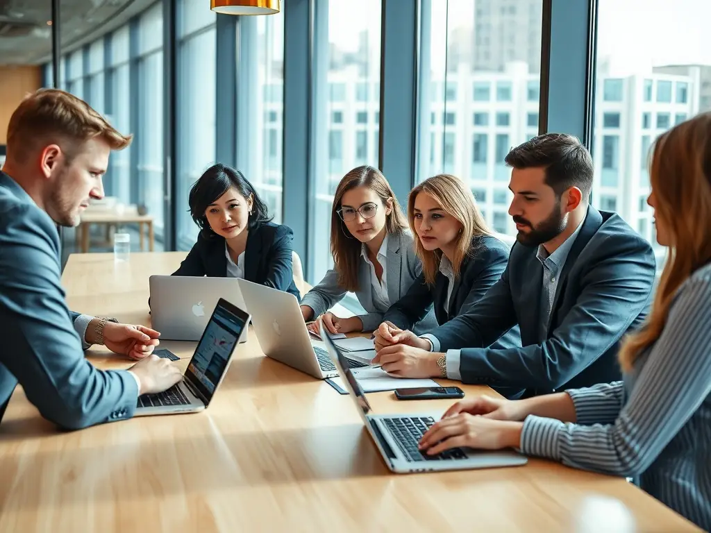 A diverse team of business professionals collaborating in a brightly lit conference room, analyzing market trends and investment opportunities, highlighting the importance of teamwork and informed decision-making.