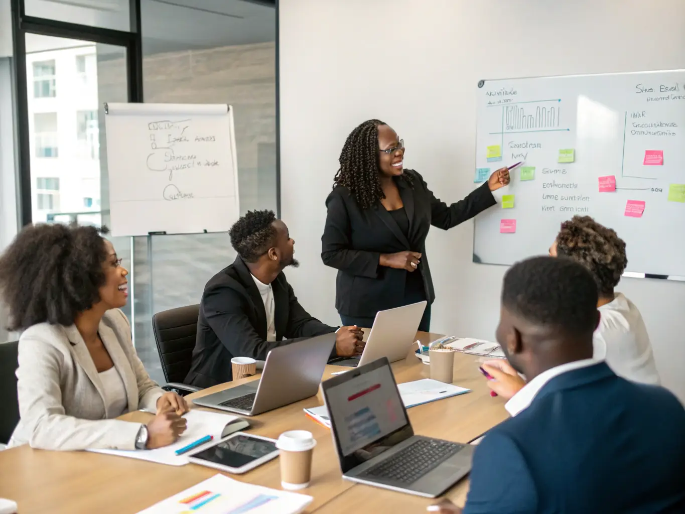A business coach presenting a case study analysis on a whiteboard, illustrating key investment strategies and financial outcomes to a group of attentive business owners, showcasing the practical application of coaching principles.