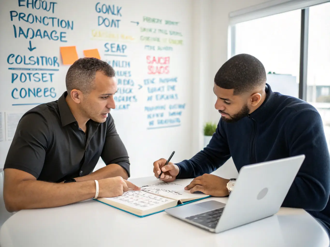 A professional business coach in a modern office setting, reviewing financial documents and discussing investment strategies with a client, emphasizing a collaborative and strategic approach to business growth.